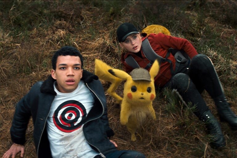 Justice Smith, Kathryn Newton and Ryan Reynolds in Pokemon Detective Pikachu