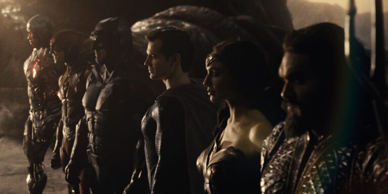 Ray Fisher, Ezra Miller, Ben Affleck, Henry Cavill, Gal Gadot and Jason Momoa in Zack Snyder's Justice League