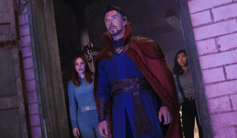 Rachel McAdams as Dr. Christine Palmer, Benedict Cumberbatch as Dr. Stephen Strange, and Xochitl Gomez as America Chavez in Marvel Studios' DOCTOR STRANGE IN THE MULTIVERSE OF MADNESS