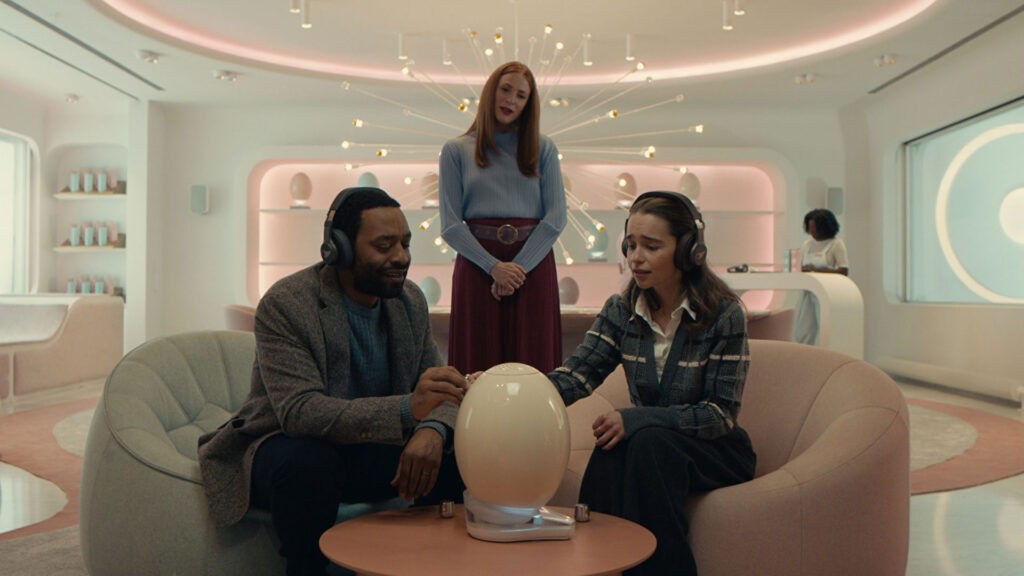 Emilia Clarke, Chiwetel and Rosalie Craig appear in a still from The Pod Generation by Sophie Barthes, an official selection of the Premieres program at the 2023 Sundance Film Festival. Courtesy of Sundance Institute | photo by Andrij Parekh.