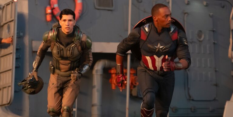 (L-R) The Falcon/Joaquin Torres (Danny Ramirez) and Captain America/Sam Wilson (Anthony Mackie) in Marvel Studios' CAPTAIN AMERICA: BRAVE NEW WORLD. Photo by Eli Adé. © 2024 MARVEL.